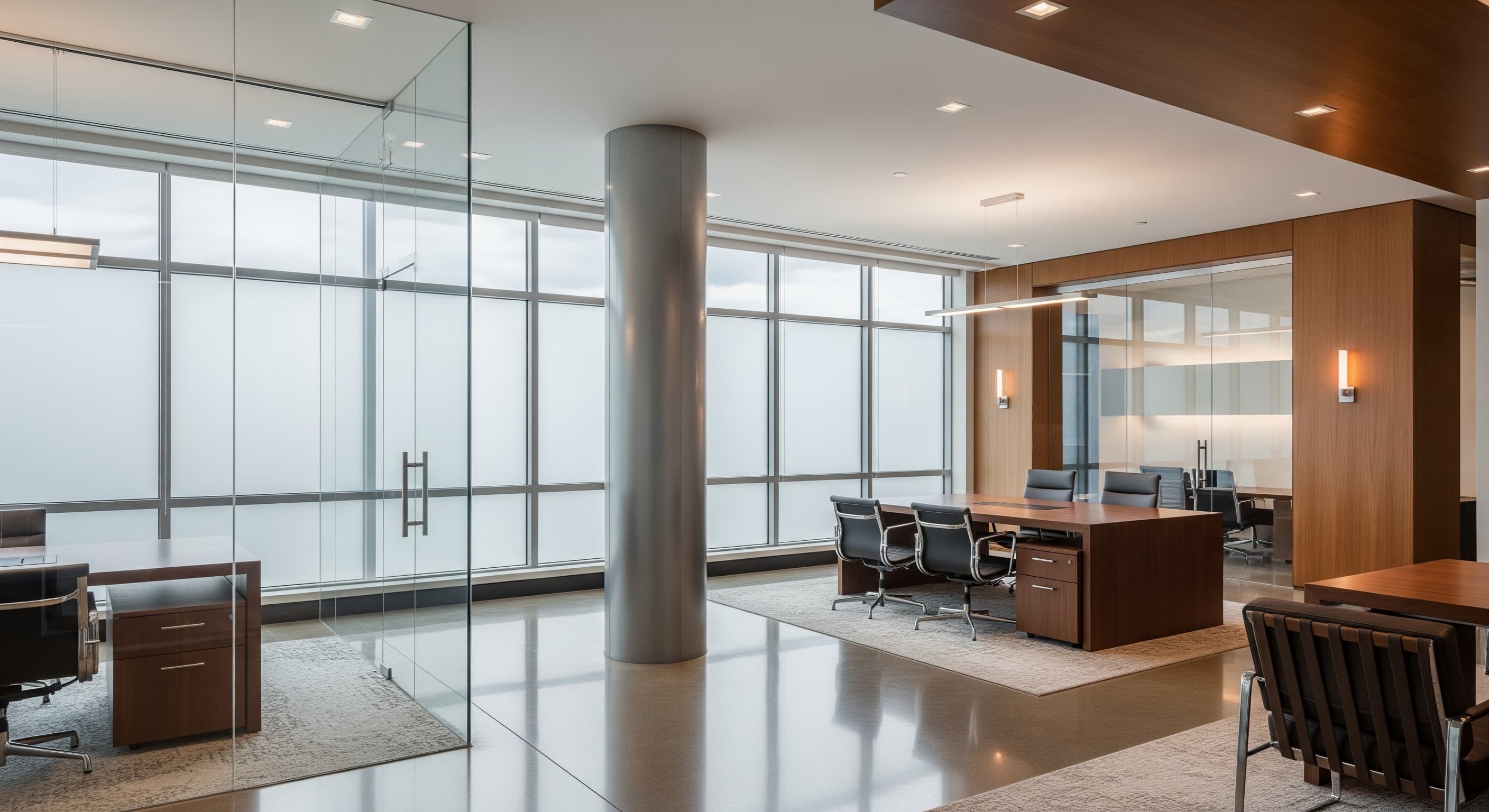 Premium commercial office interior with large tinted glass and controlled natural light