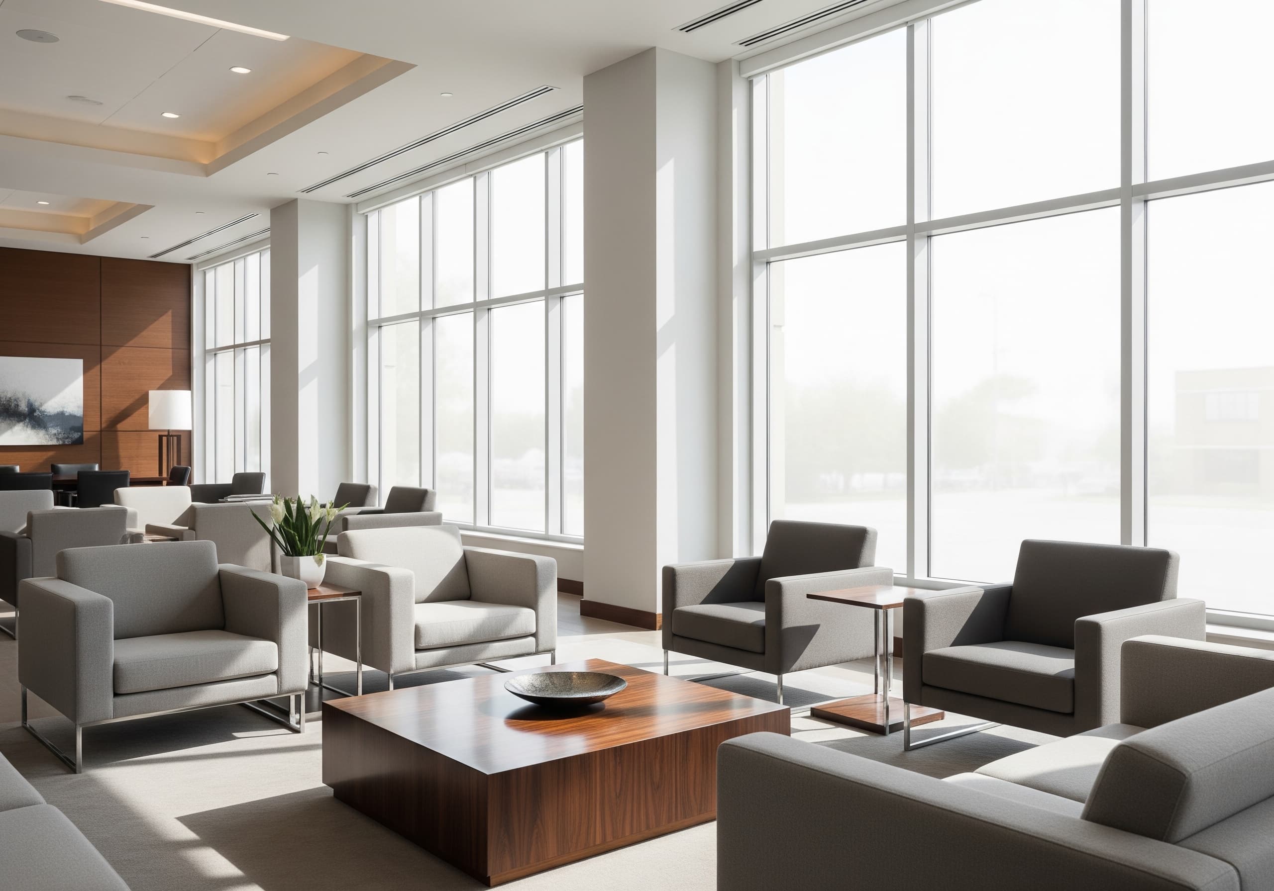 Commercial solar window film image showing a premium office lounge with tall tinted glass and controlled daylight