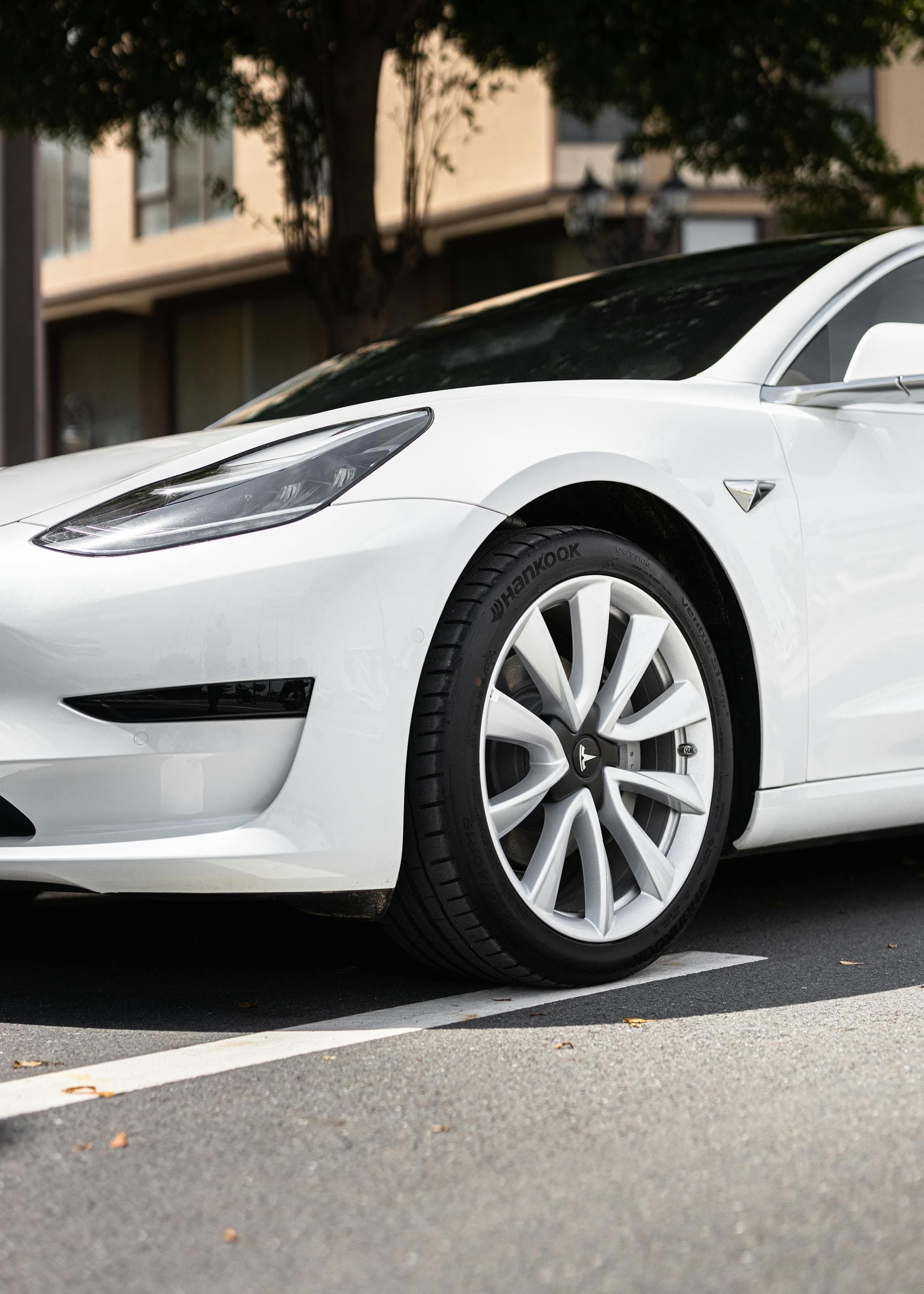 White Tesla detail image showing clean exterior glass and a premium finish.