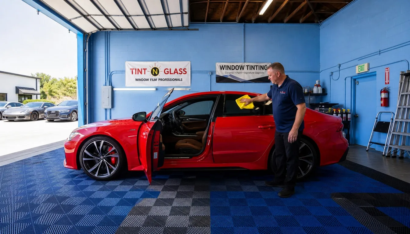 Red sedan in the Tint N Glass bay during final wipe-down